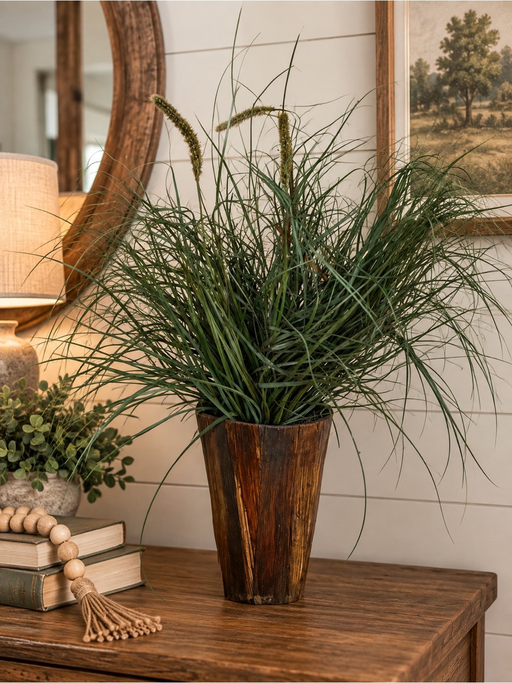 Rustic Dark Brown Wood Planter with Green Artificial Grass